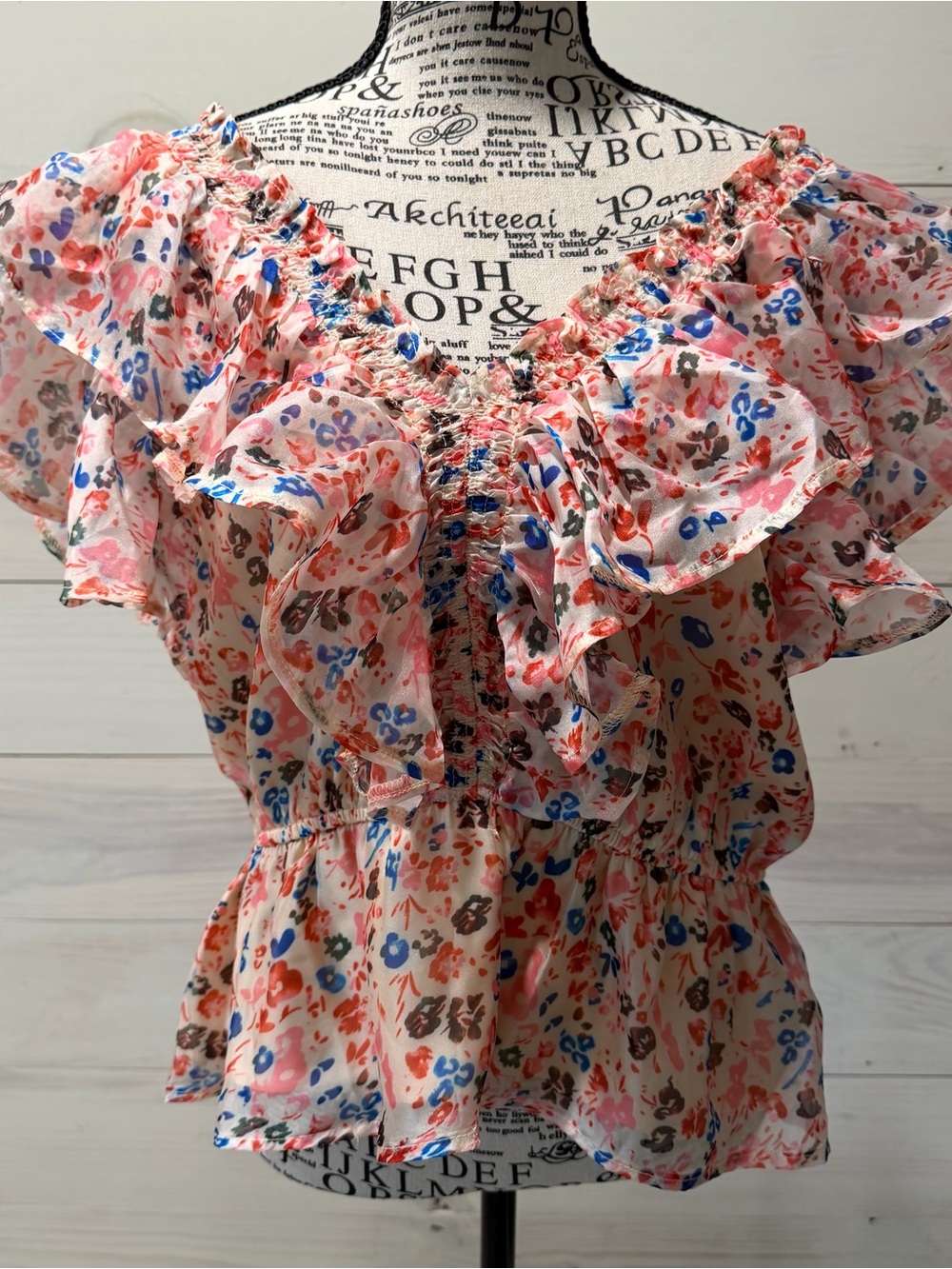 entro Peach Floral Ruffle Peplum Blouse with Blue Accents - Picture 2 of 7
